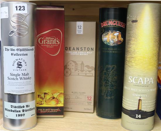 Five assorted bottles of whisky: Signatory Vintage Glendullan 1997, Grants Family Reserves, Deanston 12yo,